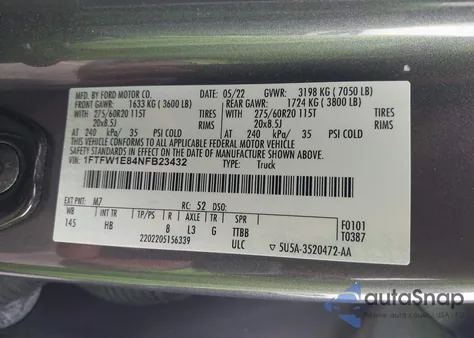 2022 Ford F-150 Lariat из США, поврежденный, VIN 1FTFW1E84NFB23432